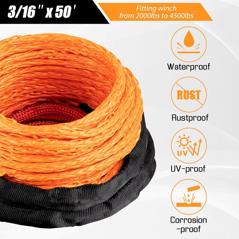 AUTODUNK Synthetic Winch Rope - 3/16" x 50ft 8,450LBS Winch Line with 4-7/8" Fairlead, Forged Winch Hook and Rubber Stopper, Protective Sleeve Synthetic Winch Cable for 4WD ATV UTV Offroad Vehicles Orange - Image 3
